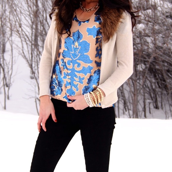 Neiman Marcus Tops - Neiman Marcus Royal Blue Nude Gold Sequin Top